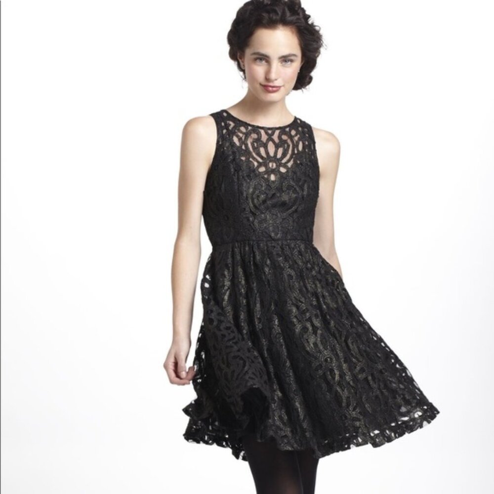 Tracy Reese Anthropologie Mariposa Lace Dress Black Metallic Gold Accents